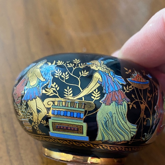 Greek mythology 24k trim Vintage Black and Gold Accent Jar with Colorful Motifs - Picture 6 of 11